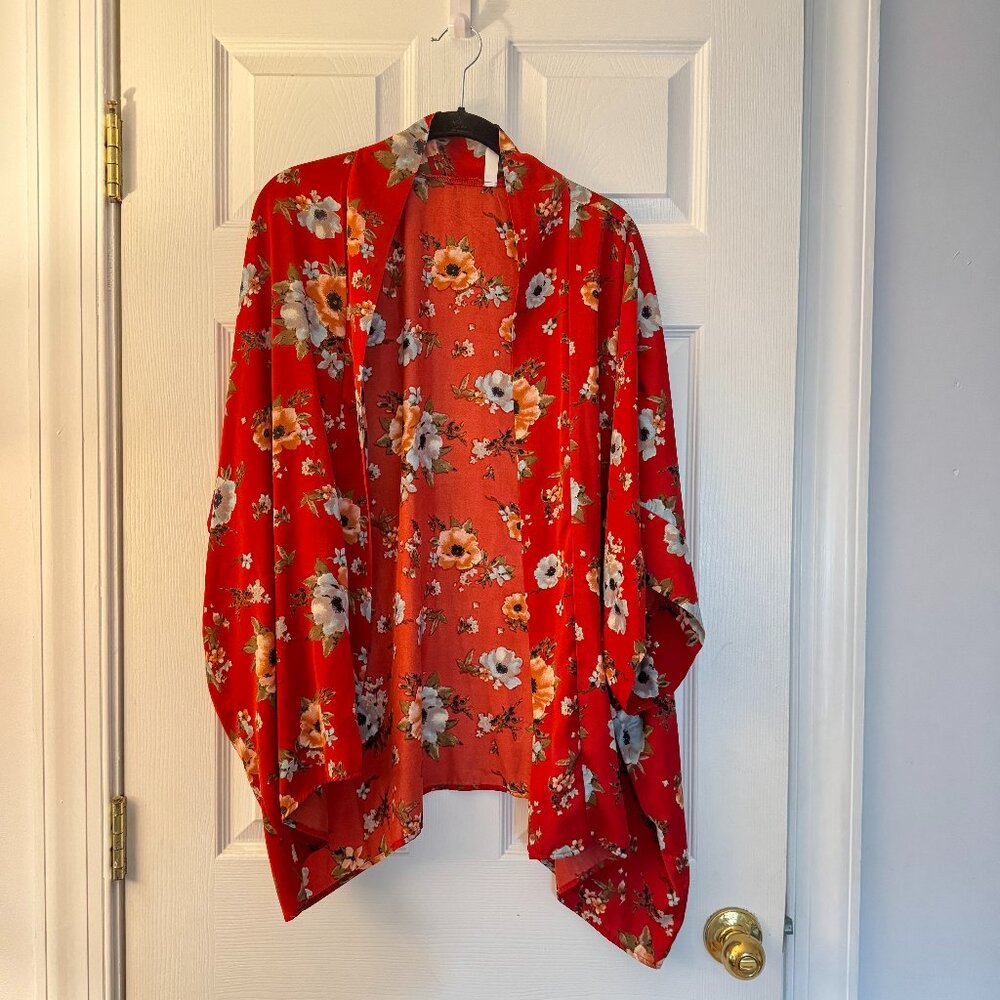 Bold Red Floral Kimono | Boho Layer | Vacation Cover-Up or Lightweight Cardigan